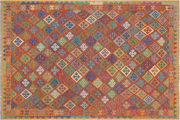 Flat Weave Kilim, Antique, Navaho, Vintage, Handmade, Modern Kilim Rust Gold Hand-Woven Rectangle 100% Wool Area Rug 6 x 8